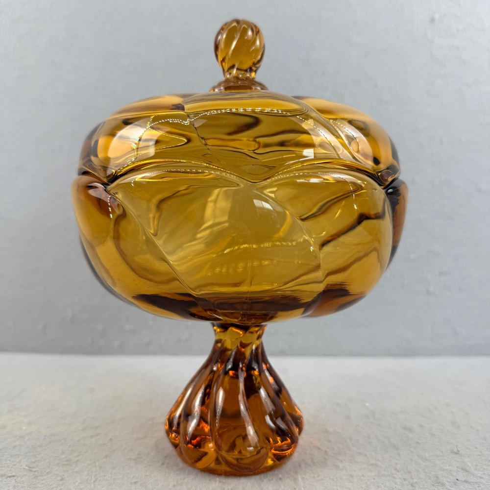 Vintage Viking Glass Amber Epic Swirl Lidded Compote Candy Dish MCM 8"